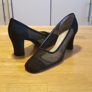 EUC Apostrophe Black Sheer Stacked Heels